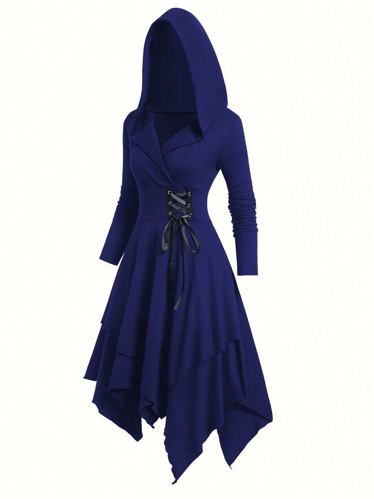 EMERY ROSE Vestido de Malha Casual com Cintura Marcada, Manga Longa, Bainha Assimétrica, Capuz e Cor Sólida - Azul Marinho - Visão 1