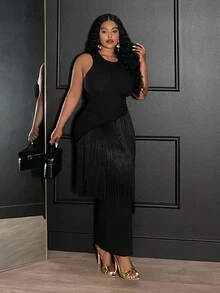 Veslaya Vestido maxi asimétrico de punto negro con parches, flecos y sin mangas para mujer talla grande, estilo vintage occidental, casual de negocios, elegante para oficina, calle, vacaciones, graduación o fiesta, colección otoño/invierno 2025