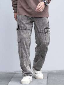 Manfinity Roughcore Men's Wide Leg Grey Denim Jeans With Cargo Pockets Long Length Casual Streetwear Back-To-School Graduation Summer - Light Grey - View 3