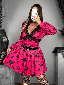 Whyspr Grunge Punk Women's Fuchsia Lace Trim Patchwork Skull Print Halloween V-Neck Long Sleeve Ruched Waist Fitted Dress, Gothic Dress, Unique, Sexy, Spring/Autumn - Hot Pink - View 4