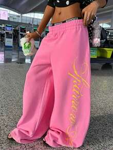 Rovax Women's Casual Loose Letter Print Wide Leg Sweatpants - Pink - View 1