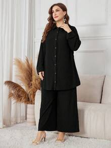 Lacomfia Plus Size Women Casual Commuting Simple Solid Color Drop Shoulder Loose Button Front Shirt And Wide Leg Pants 2 Piece Set - Black - View 4