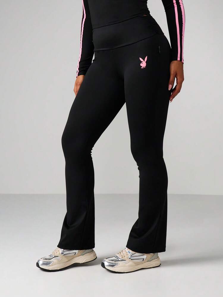Missguided x Playboy High Waisted Flare Leggings With Script Print And Bunny Logo For Active Lifestyle