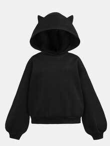 Girlism 青少年女孩秋冬黑色针织羊毛连帽衫，带 3D 耳朵设计和涂鸦印花阔腿牛仔裤两件套