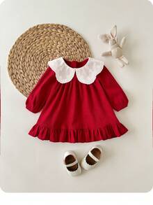 新生女宝宝可爱优雅红色彼得潘领长袖连衣裙