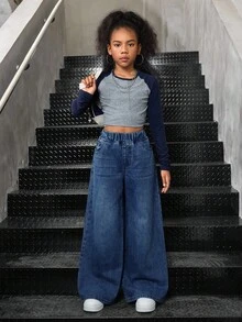 SHEIN 少女款松紧腰带口袋阔腿宽松休闲牛仔裤 - 深色水洗藍 - 查看 7