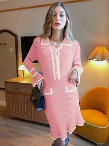 Pariaura Women's Elegant Contrast Trim Ribbed Knit Bodycon Long Sleeve Sweater Dress - Pink - View 4