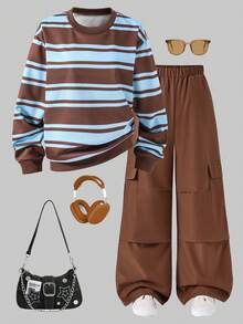 2pcs/Set Girls Crew Neck Sweatshirt Paired With Fashionable Casual Khaki Cargo Pants, Streetwear Outfit - Khaki - View 1