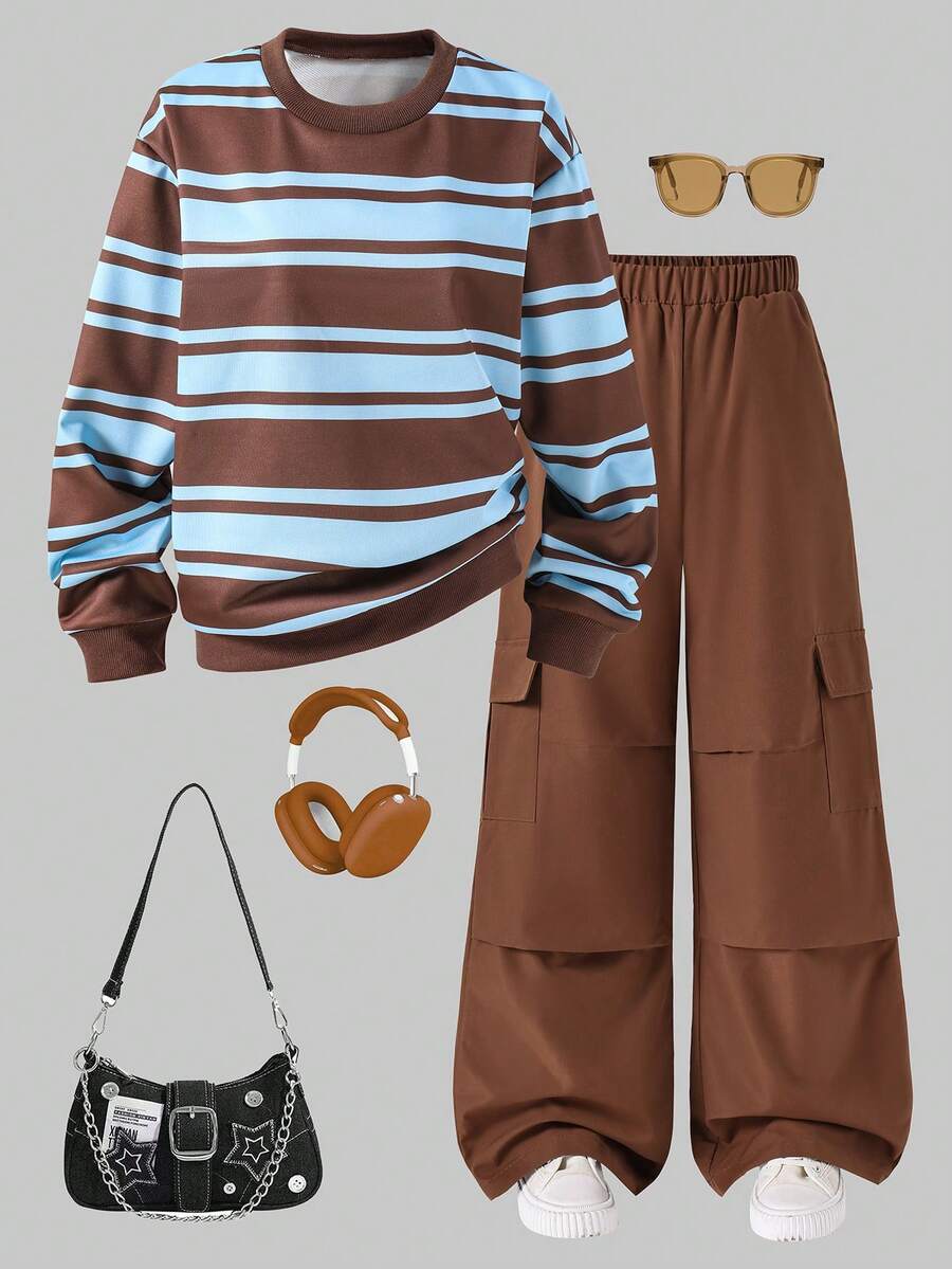 2pcs/Set Girls Crew Neck Sweatshirt Paired With Fashionable Casual Khaki Cargo Pants, Streetwear Outfit - Khaki - View 1