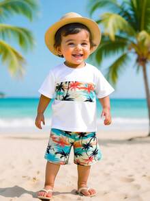 SHEIN Casuvi Kids 2 件套年轻男孩休闲印花短袖圆领 T 恤和短裤套装，适合日常休闲、度假、运动户外、夏季 - 白色 - 查看 5
