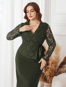 Lacomfia 大码女式不对称领系带蝴蝶结蕾丝拼接优雅休闲通勤连衣裙 - 橄欖綠 - 查看 4