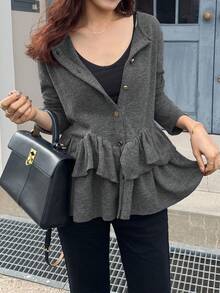 FRIFUL 女士圆领金属纽扣装饰下摆层叠荷叶边修身休闲T恤