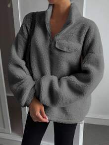 DAZY Women's Autumn High Neck Half-Zip Hem Sweatshirt Y2k - Grey - View 5