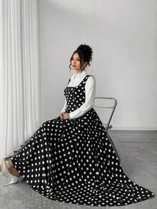 Elenzga 大码女士优雅方领无袖收腰波点连衣裙 - 黑與白 - 查看 6