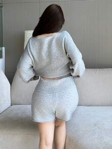 Vibekara Fashionable & Chic Loose Knit Shorts & Sweater Set, Grey, Autumn/Winter