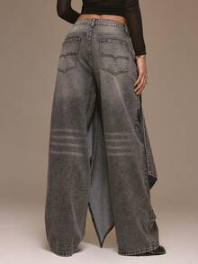 MUSERA 牛仔系带阔腿牛仔裤，水洗效果，酷女孩风格，街头风，可爱，适合秋冬春夏 - 咖啡棕 - 查看 4