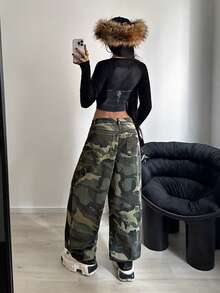 StreetHx Pantaloni largi pentru femei, cu buzunare, din denim, cu imprimeu camo, casual, lejer - Multicolor - Vizualizare 2