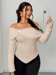 Elenzga Women's Elegant Daily Off-Shoulder Solid Color Shawl Collar Long Sleeve Metal Rhinestone Decor Ruched Fitted Short Plus Size Knit Sweater, Autumn - Khaki - View 5