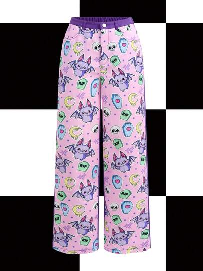 Y2Kool KLARYSSA Women's Winter New Year Christmas Pink & Purple Star, Heart, Moon, Bat, Polka Dot Print Fitted Wide Leg Sexy Y2K Party Holiday Pants Pattern Pants Cute Pants Vacation Pants Rave Pants Gyaru Graphic Pants Springs Women Birthday For Women Carnival