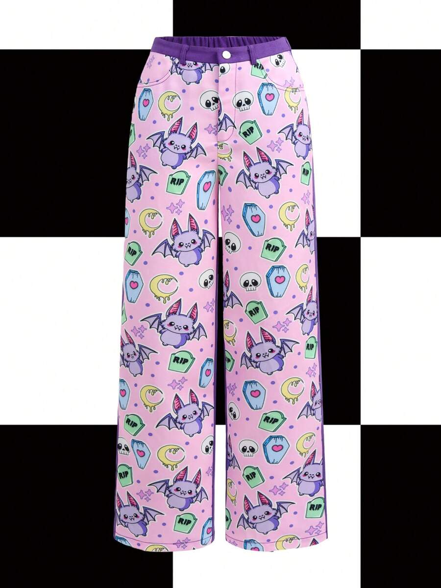 Y2Kool KLARYSSA 女士冬季新年圣诞节粉紫色星星、爱心、月亮、蝙蝠、波点印花修身阔腿性感Y2K派对节日裤图案裤可爱裤度假裤狂欢裤辣妹风印花裤春季女士生日嘉年华 - 彩色 - 查看 1