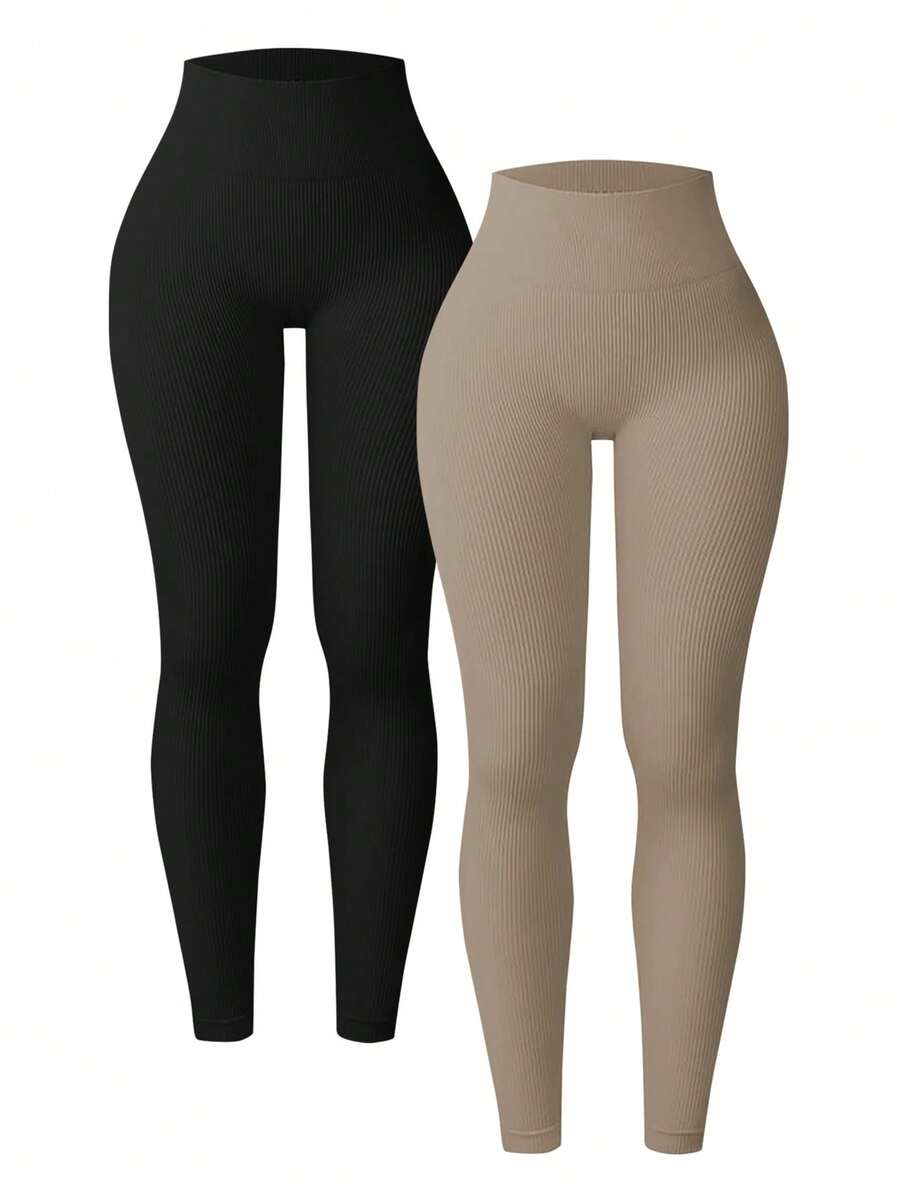 Easithlete Bộ 2 quần legging gân dành cho nữ - Quần tập yoga cạp cao kiểm soát bụng nâng mông eo thon dùng cho tập luyện thể thao chạy bộ đạp xe yoga bóng chày tập thể dục thường ngày - Nhiều màu - Xem 1