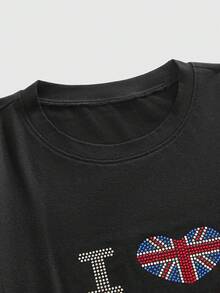 ROMWE MEN Street Life 男士水钻字母印花圆领短袖休闲T恤 - 黑色 - 查看 3