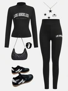 Girlism Tween Girls Casual Minimalist Knit Long Sleeve Snug Fit 2 Pieces Set - Black - View 1