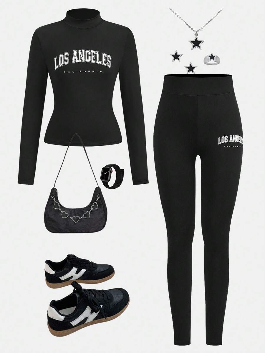 Girlism Tween Girls Casual Minimalist Knit Long Sleeve Snug Fit 2 Pieces Set - Black - View 1