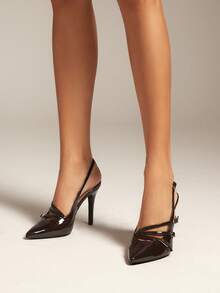 SHUZIA #ElegantStyle 女士巧克力色漆皮三扣带露跟高跟鞋 – 优雅尖头，时尚百搭，适合全天穿着。 - 巧克力棕 - 查看 5