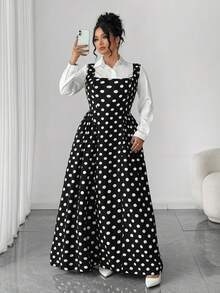 Elenzga 大码女士优雅方领无袖收腰波点连衣裙 - 黑與白 - 查看 4