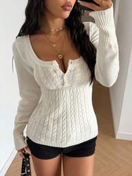 StreetHx Petite Women's Solid Color Button Decor U-Neck Casual Long Sleeve Sweater Top, Autumn/Winter