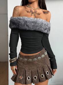 Coolane 女士冬季街头服饰外出嬉皮 Y2K 辣妹温暖/寒冷天气/保暖罗纹针织毛皮露肩白色长袖 T 恤 - 深灰色 - 查看 5