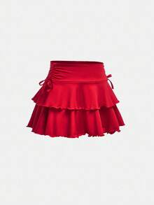 SHEIN Girlism Váy suông hở eo rút dây trơn màu thời trang dạo phố cho bé gái tuổi teen - Đỏ - Xem 4