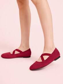 CUCCOO DOLLMOD Women's Burgundy Suede Retro Elegant Simple Criss-Cross Elastic Band Slip-On Soft Bottom Flat Mary Jane Ballet Flats - Burgundy - View 9