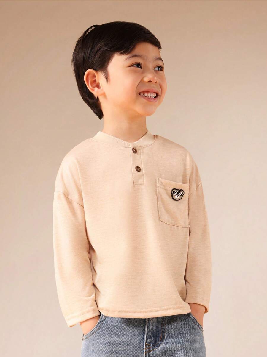 SUMWON Camiseta básica de manga larga con botones para niños, casual y cómoda para uso diario - Albaricoque - Ver 1