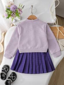 SHEIN Elladie kids 女童休闲日常针织开衫夹克，带蝴蝶结，活泼可爱，与裙子搭配，秋季儿童户外两件套开学装，秋冬华夫格纹理夹克 - 紫色 - 查看 3