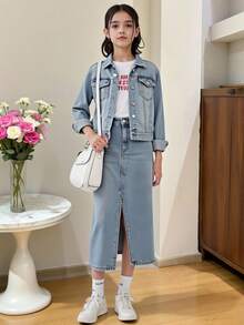 SHEIN Conjunto de 2 piezas de mezclilla para niñas preadolescentes, nueva llegada para otoño/invierno 2025: Chaqueta de mezclilla azul claro, estilo colegial casual, silueta ajustada, falda de mezclilla de algodón cómoda, conjunto de mezclilla para niñas - Lavado ligero - Ver 11