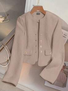 Franclia 纯色前开襟优雅时尚长袖外套，秋冬款 - 卡其色 - 查看 6