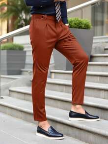 Manfinity Bizformal 男士纯色休闲商务裤，适合派对、商务、毕业典礼、约会、工作、会议、舞会等场合，是送给朋友、父亲、兄弟和儿子的绝佳礼物 - 棕色 - 查看 3