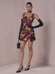 COSMINA Rochie mini cu paiete, fără mâneci, croială slim, pentru femei - Multicolor - Vizualizare 3