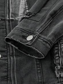 Manfinity Denimwave Veste en jean casual à manches longues pour hommes, style rappeur streetwear, unie en denim foncé avec blocs de couleurs, poches boutonnées devant, pour soirée - Noir - Voir 6