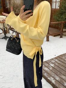 DAZY Women's Loose Business Casual Elegant Yellow Tie-Up Drawstring Oblique Placket Design Knit Cardigan, Suitable For Autumn, Winter, New Year, Christmas - Yellow - View 11