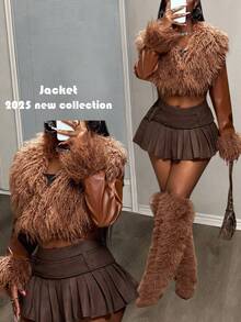 Slaydiva 2025秋冬新款休闲街头风、机车风、朋克风、个性风、前卫风、派对风、可爱甜美风、千禧年风、日常约会风、通勤风，优雅大翻领，毛领，长袖，袖口毛绒装饰，棕色PU拼接绒面短款女式外套 - 棕色 - 查看 11