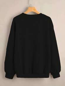 SHEIN LUNE 女士蒲公英和音符图案印花圆领卫衣 - 黑色，可机洗，休闲卫衣，适合日常穿着 - 黑色 - 查看 2