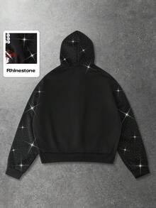 ROMWE MEN Street Life Men's Hooded Sweatshirt, Jesus, Virgin Mary, Cross, English Text Print, Rhinestone Patchwork, Autumn/Winter - Black - View 2