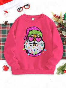 SHEIN 圣诞快乐少女时尚创意可爱圣诞老人圣诞氛围标语印花圆领卫衣，适合圣诞派对 - 玫紅色 - 查看 3