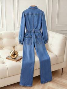 GlowEve Women's Fashion Commuter Long Sleeve Denim Jumpsuit - Blue - View 2
