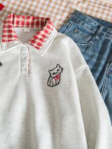 少女休闲格子拼接猫咪印花卫衣，秋冬款 - 灰色 - 查看 7