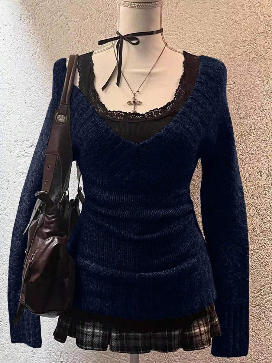 SHEIN Attitoon Áo len cổ chữ V sâu màu xanh lam đậm đơn giản dành cho nữ, phù hợp cho mùa thu/đông - Màu xanh hải quân - Xem 1