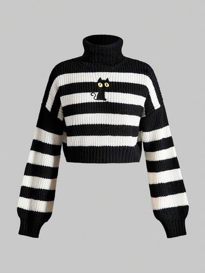 Kawaii Casual Cute Black Cat Embroidery Striped Turtleneck Sweater For Girls